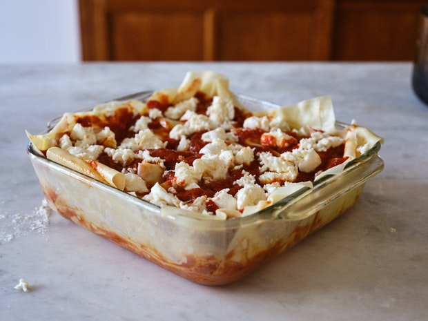 Unbaked Lasagna in Glass Baking Dish