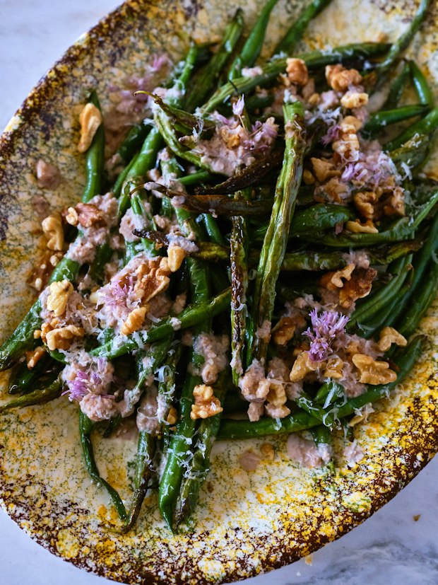 Blistered Green Beans with Walnut Sauce on a Platter
