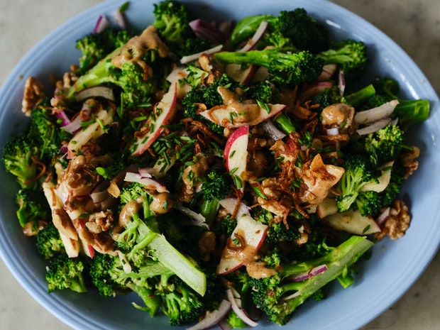 Broccoli Apple Salad on a Blue Plate