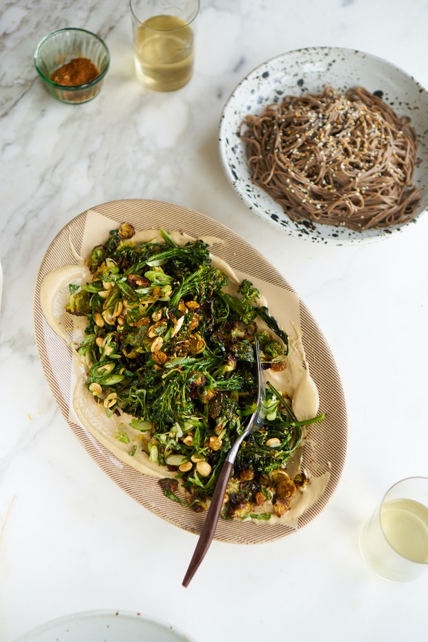 Curried Sheet Pan Broccoli with Peanuts and Tahini