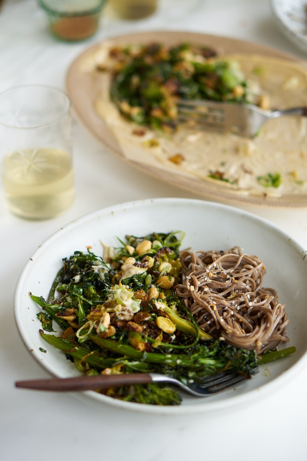 Curried Sheet Pan Broccoli with Peanuts and Tahini