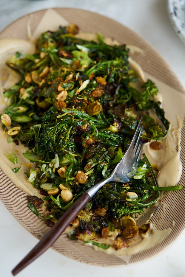 Curried Sheet Pan Broccoli with Peanuts and Tahini