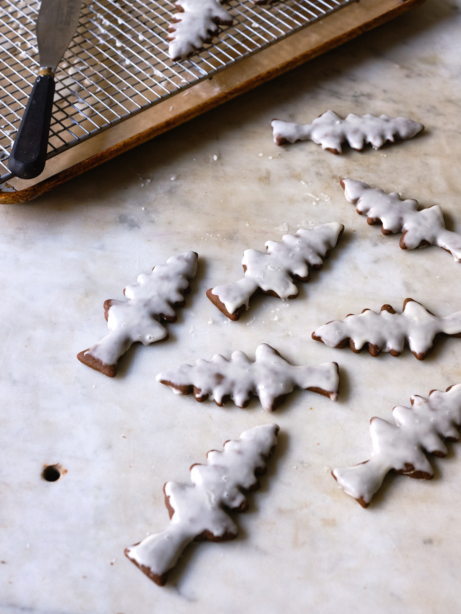 Gingerbread cookies iced on a cookie rack