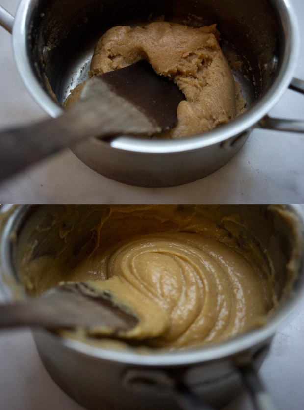 Mixing gougeres batter in a saucepan