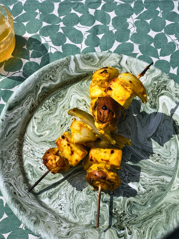 Grilled Veggie Kebabs on Enamelware Plate