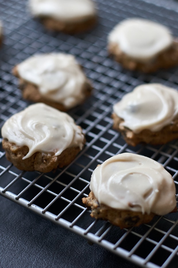 hermit cookies on a cooling rack after baking