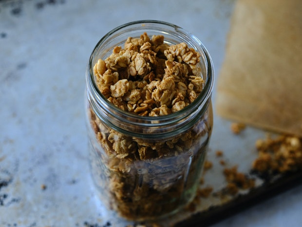 peanut butter granola in a large mason jar