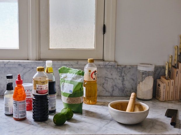 Ingredients for Spicy Sesame Coleslaw Dressing in Kitchen