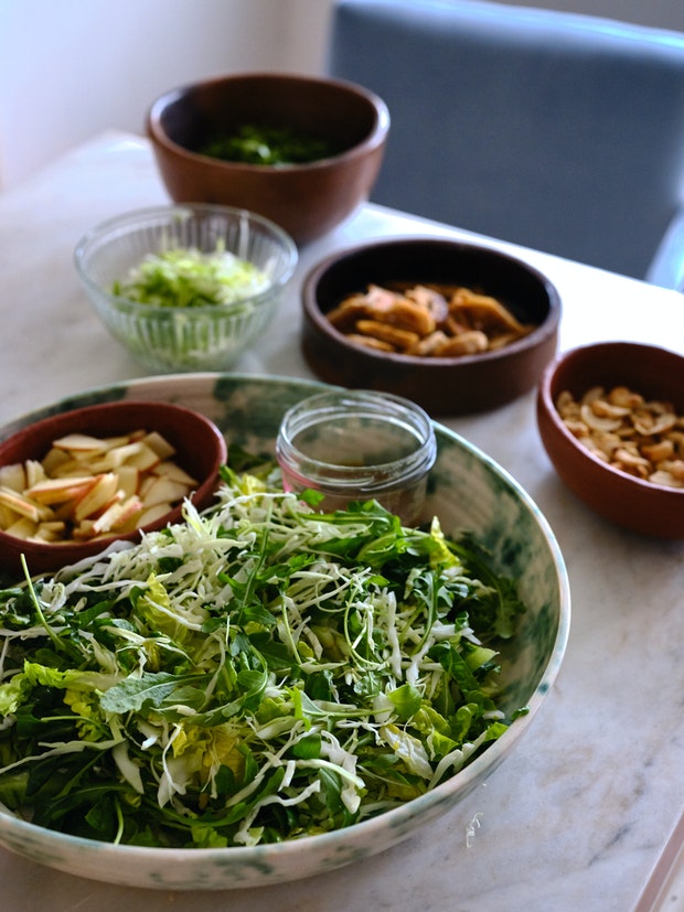 ingredients for shredded un-chicken salad arranged on a countertop