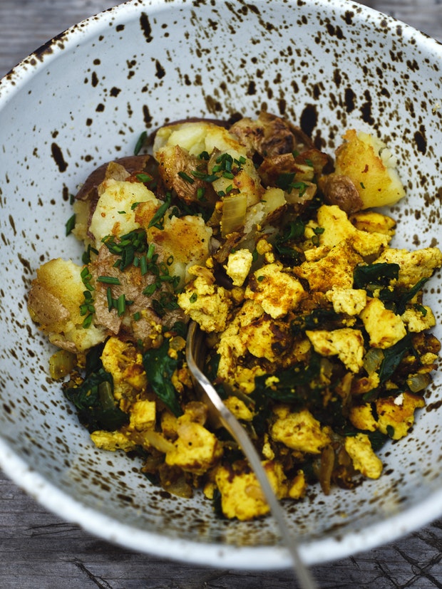tofu scramble with skillet potatoes in a bowl