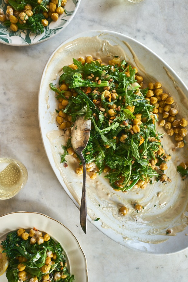 Turmeric Chickpeas with Garlic Tahini in a Bowl